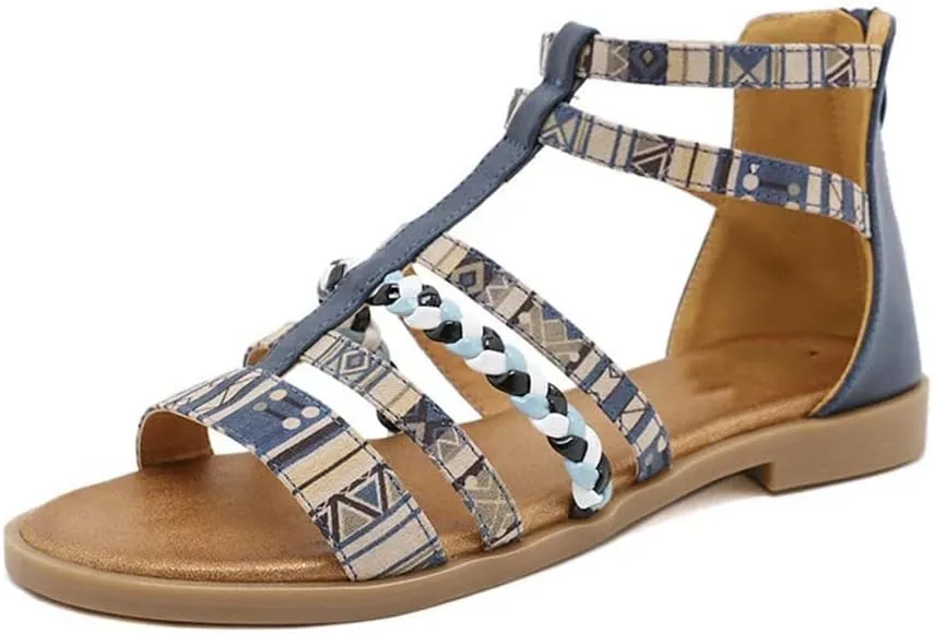 Youllyuu Women's Large Sandals Summer Rome Sandals Bohemian Retro Beaded Zipper Rhinestone Flat Shoes
