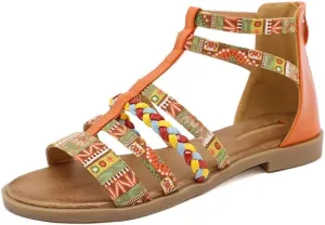 Youllyuu Women's Large Sandals Summer Rome Sandals Bohemian Retro Beaded Zipper Rhinestone Flat Shoes