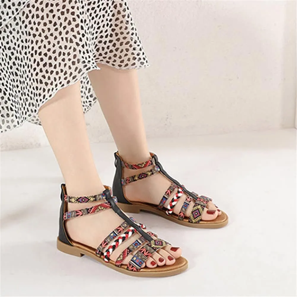 Youllyuu Women's Large Sandals Summer Rome Sandals Bohemian Retro Beaded Zipper Rhinestone Flat Shoes