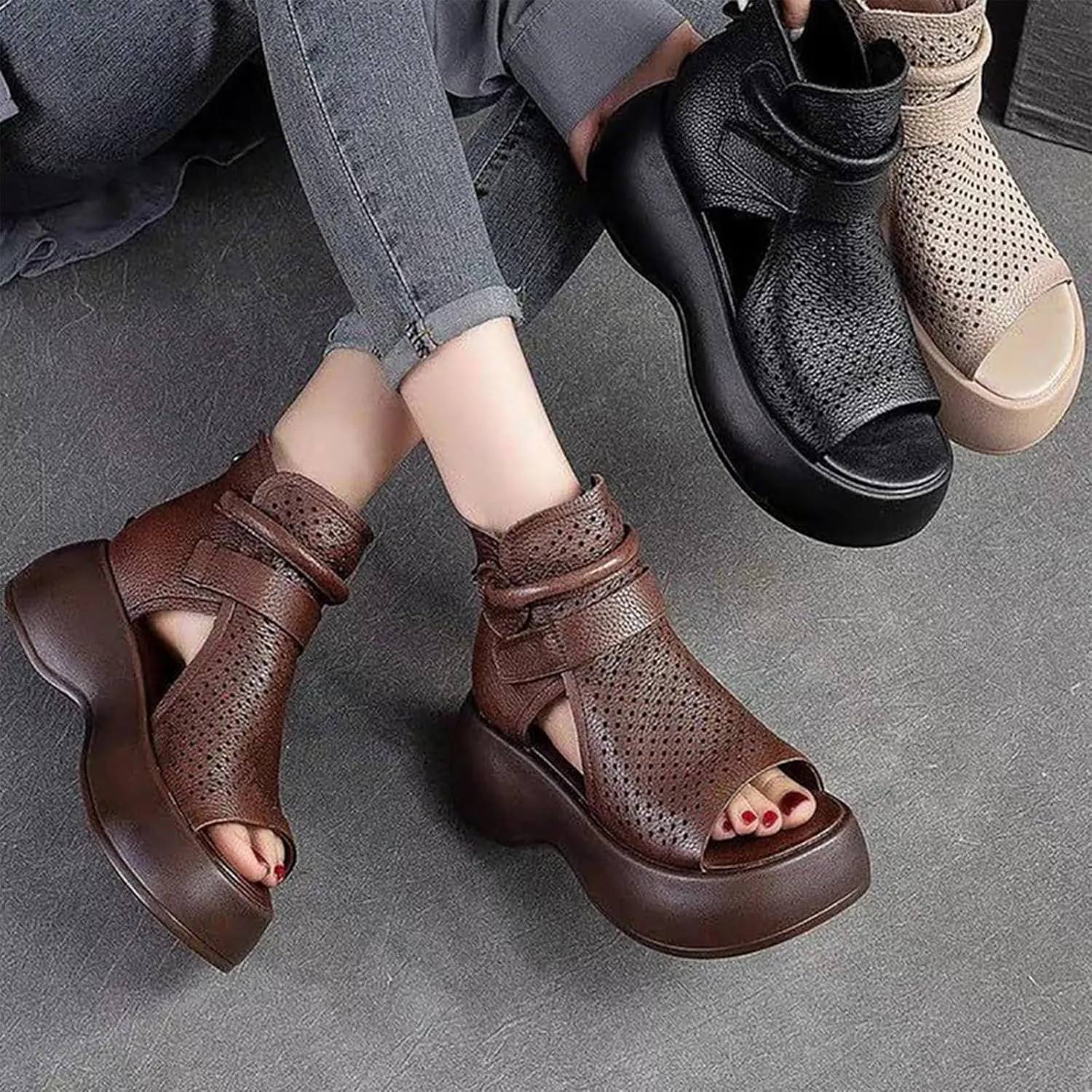 YTINGNICE Lurebest Orthopedic Sandals, Lurebest Soft Sole Leather Orthopedic Shoes for Women, Walking Wedges Platform Sandal Arch Support Soft Sole Wide Width Adjustable…