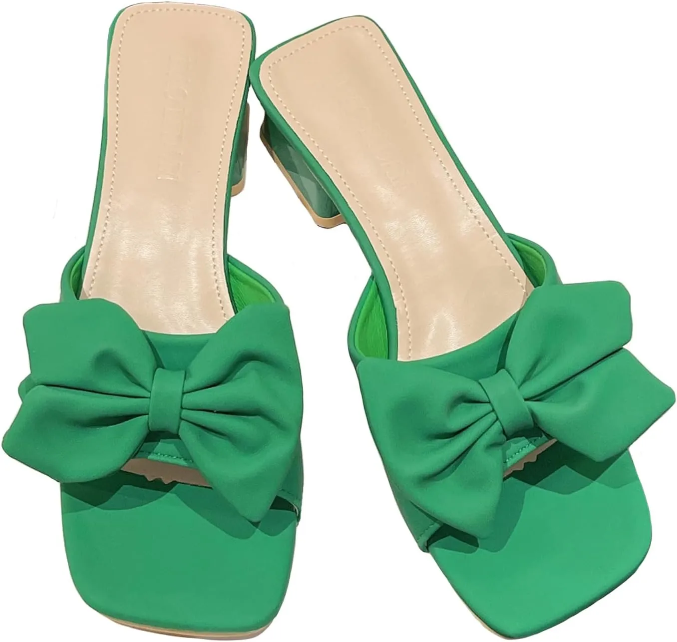 Zeberfi Women's Bow Tie Chunky Heel Sandals Fashion Cute Open Square Toe Slip On Low Block Heel Slide Sandals Summer Wedding Dress Shoes Pumps