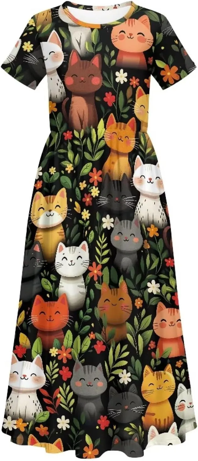 ZFRXIGN Short Sleeve Long Dress for Girls 5-14 Years Maxi Dresses with Pocket Sundress Summer Casual