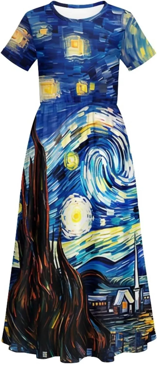 ZFRXIGN Short Sleeve Long Dress for Girls 5-14 Years Maxi Dresses with Pocket Sundress Summer Casual