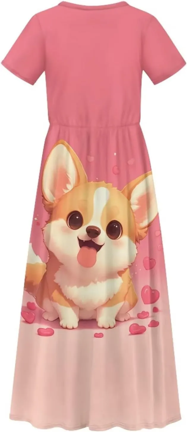 ZFRXIGN Short Sleeve Long Dress for Girls 5-14 Years Maxi Dresses with Pocket Sundress Summer Casual