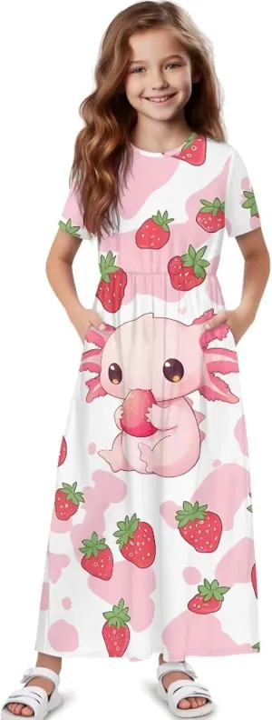 ZFRXIGN Short Sleeve Long Dress for Girls 5-14 Years Maxi Dresses with Pocket Sundress Summer Casual