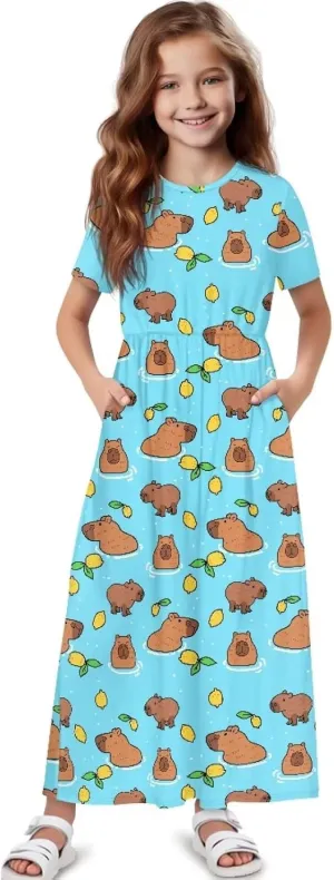 ZFRXIGN Short Sleeve Long Dress for Girls 5-14 Years Maxi Dresses with Pocket Sundress Summer Casual