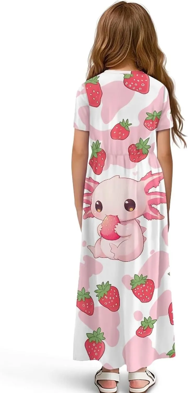 ZFRXIGN Short Sleeve Long Dress for Girls 5-14 Years Maxi Dresses with Pocket Sundress Summer Casual
