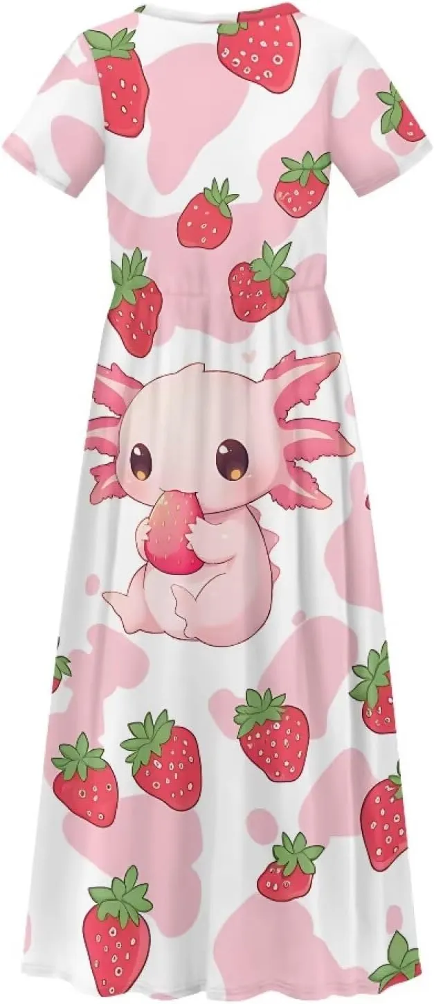 ZFRXIGN Short Sleeve Long Dress for Girls 5-14 Years Maxi Dresses with Pocket Sundress Summer Casual