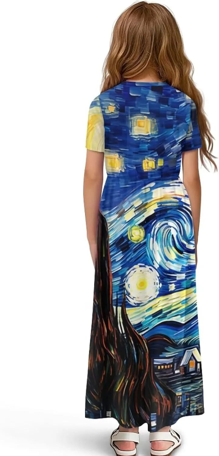 ZFRXIGN Short Sleeve Long Dress for Girls 5-14 Years Maxi Dresses with Pocket Sundress Summer Casual