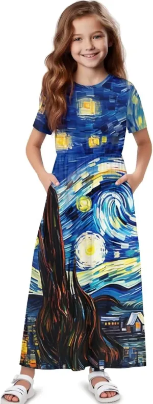 ZFRXIGN Short Sleeve Long Dress for Girls 5-14 Years Maxi Dresses with Pocket Sundress Summer Casual