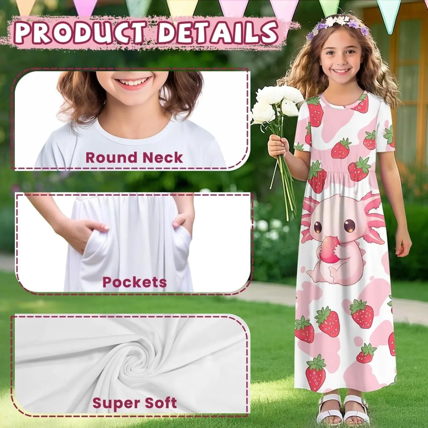 ZFRXIGN Short Sleeve Long Dress for Girls 5-14 Years Maxi Dresses with Pocket Sundress Summer Casual