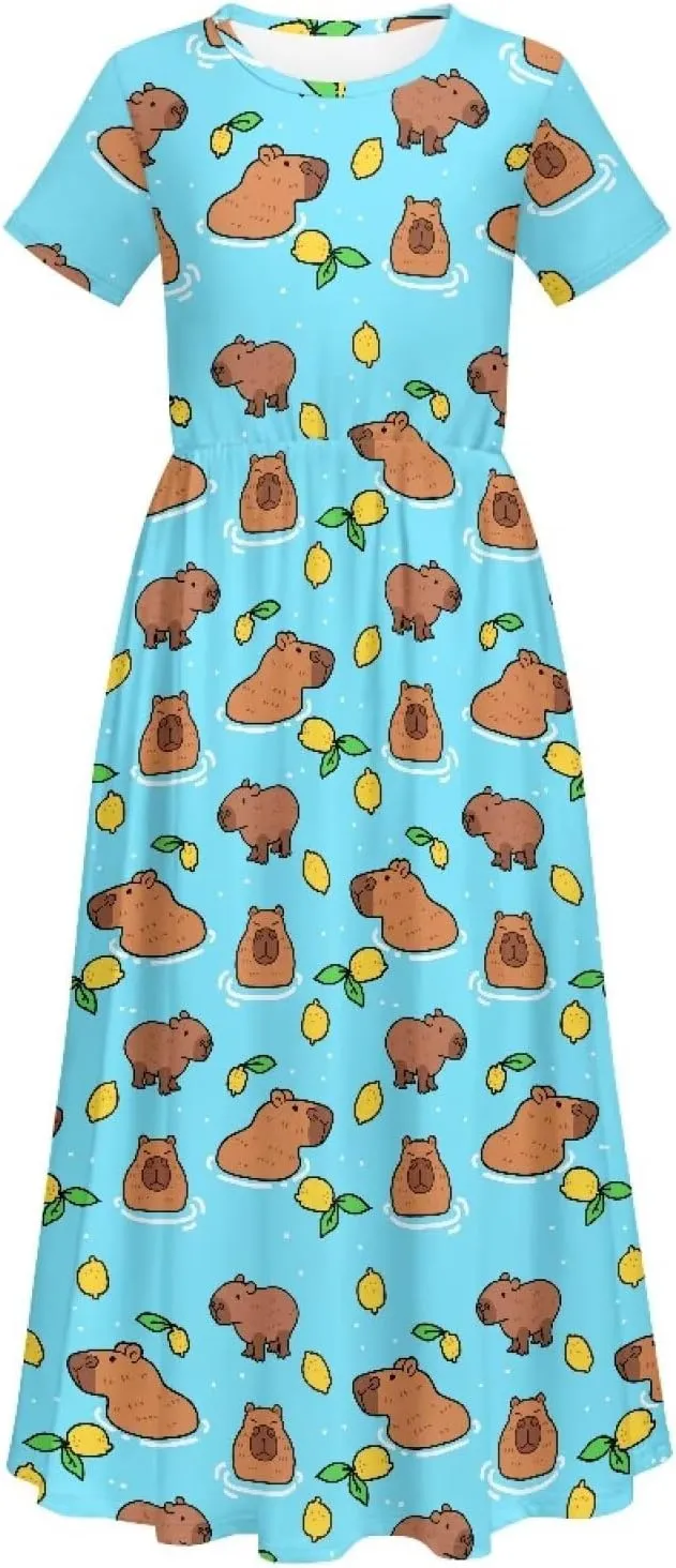 ZFRXIGN Short Sleeve Long Dress for Girls 5-14 Years Maxi Dresses with Pocket Sundress Summer Casual