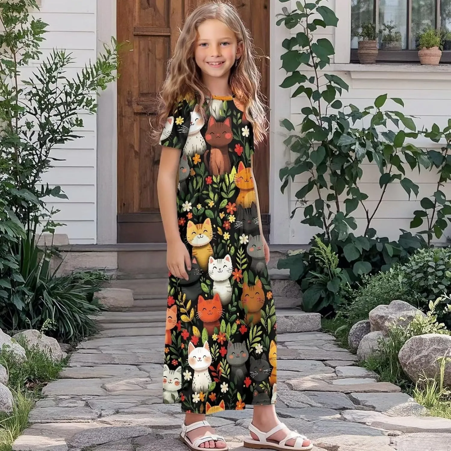 ZFRXIGN Short Sleeve Long Dress for Girls 5-14 Years Maxi Dresses with Pocket Sundress Summer Casual