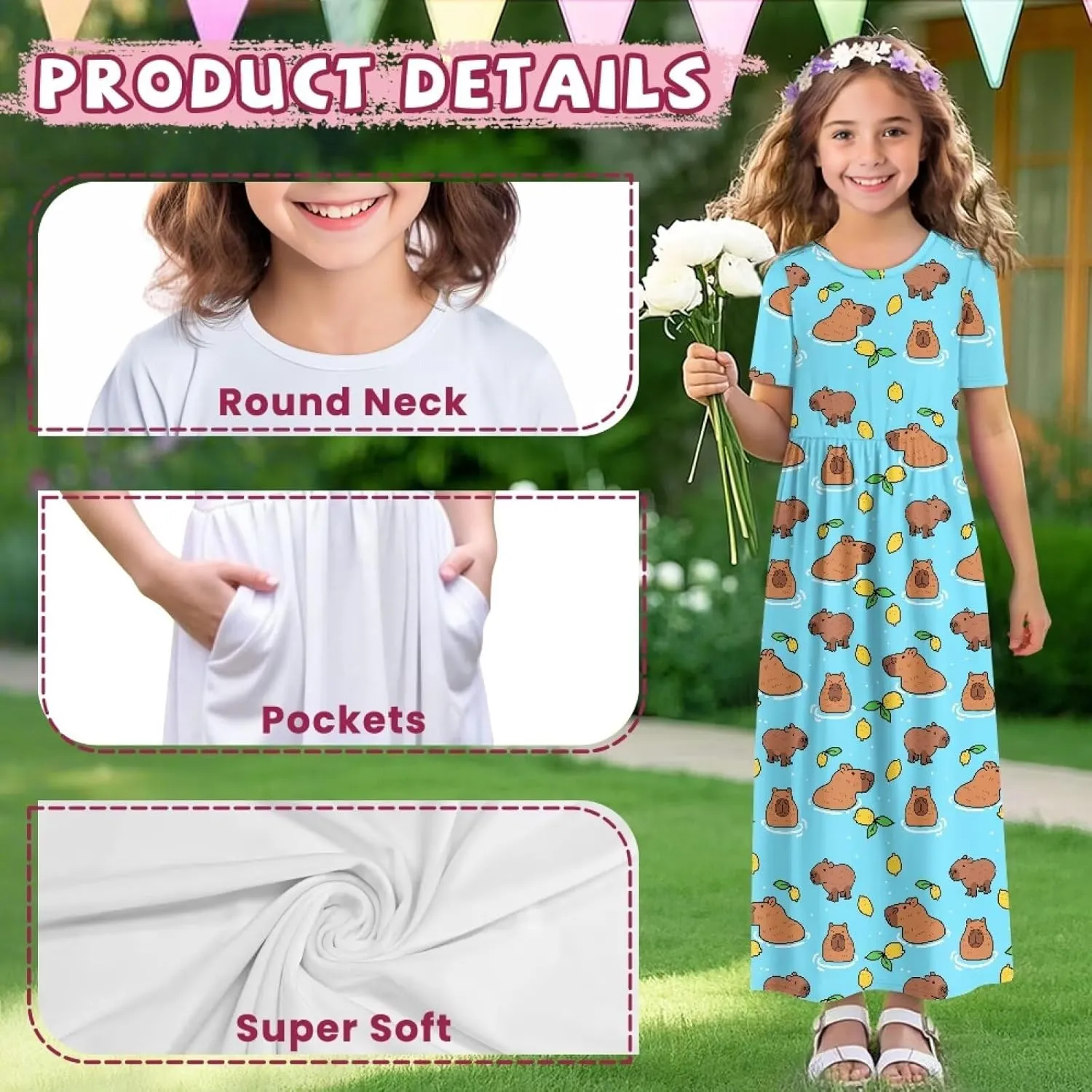 ZFRXIGN Short Sleeve Long Dress for Girls 5-14 Years Maxi Dresses with Pocket Sundress Summer Casual