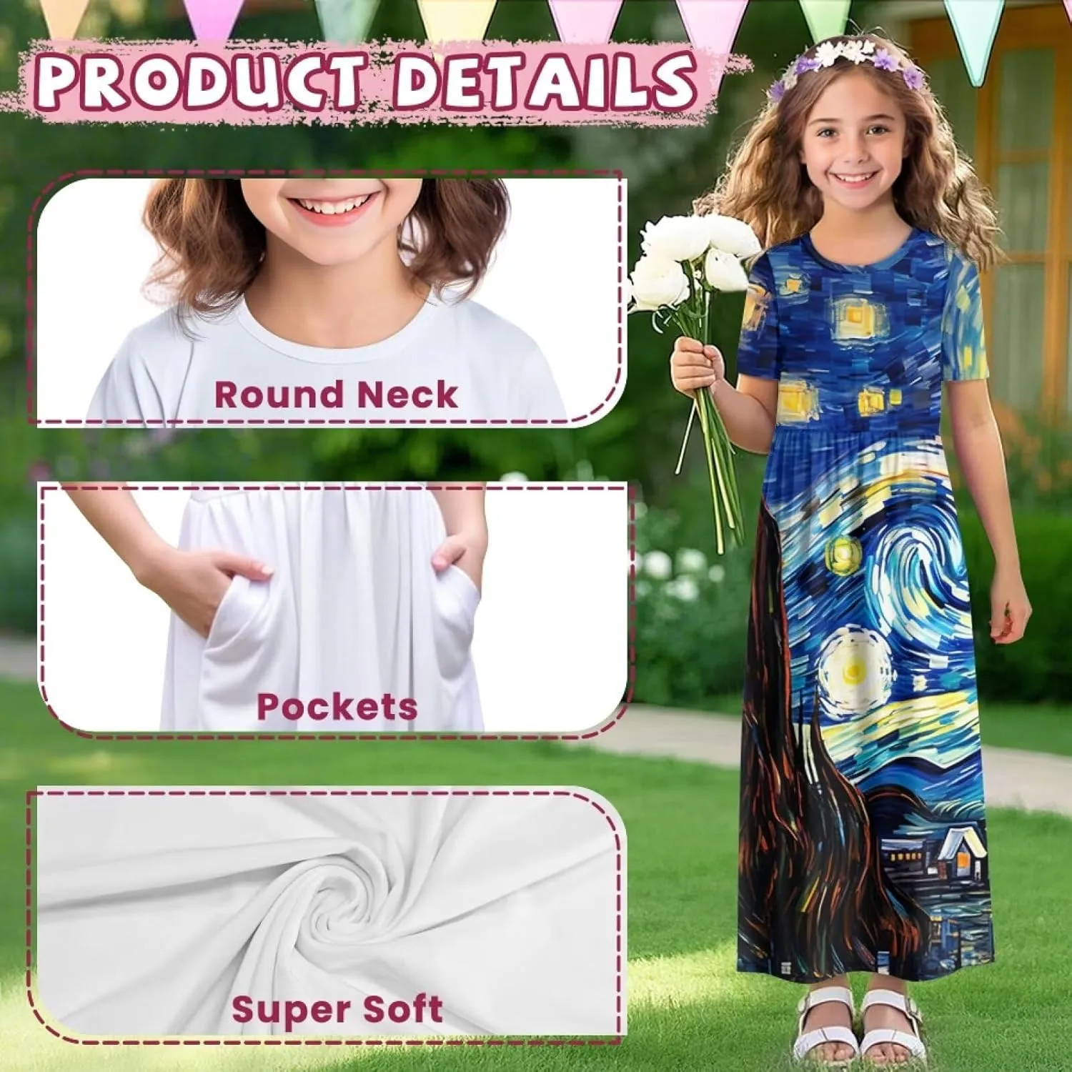 ZFRXIGN Short Sleeve Long Dress for Girls 5-14 Years Maxi Dresses with Pocket Sundress Summer Casual