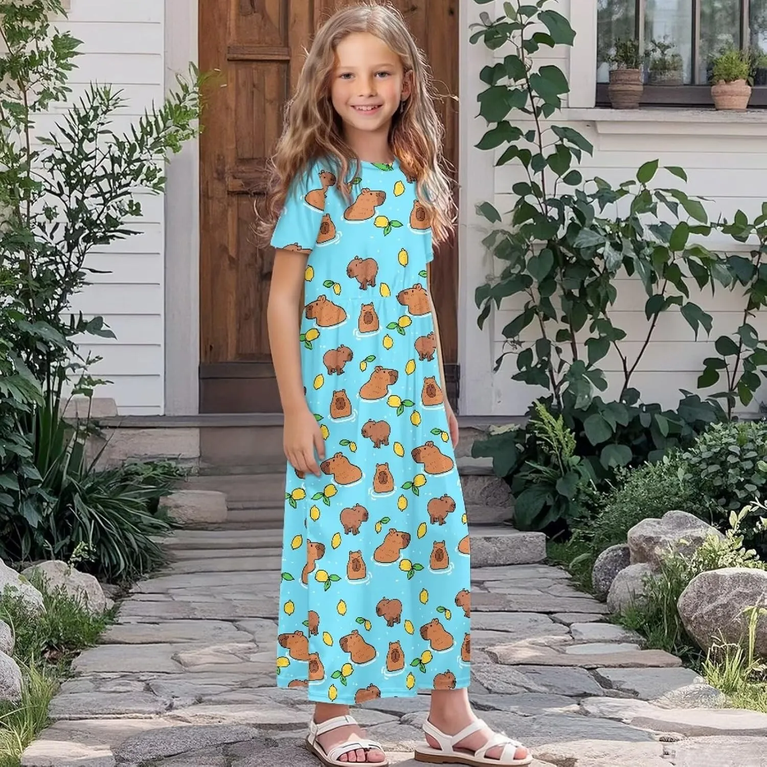 ZFRXIGN Short Sleeve Long Dress for Girls 5-14 Years Maxi Dresses with Pocket Sundress Summer Casual