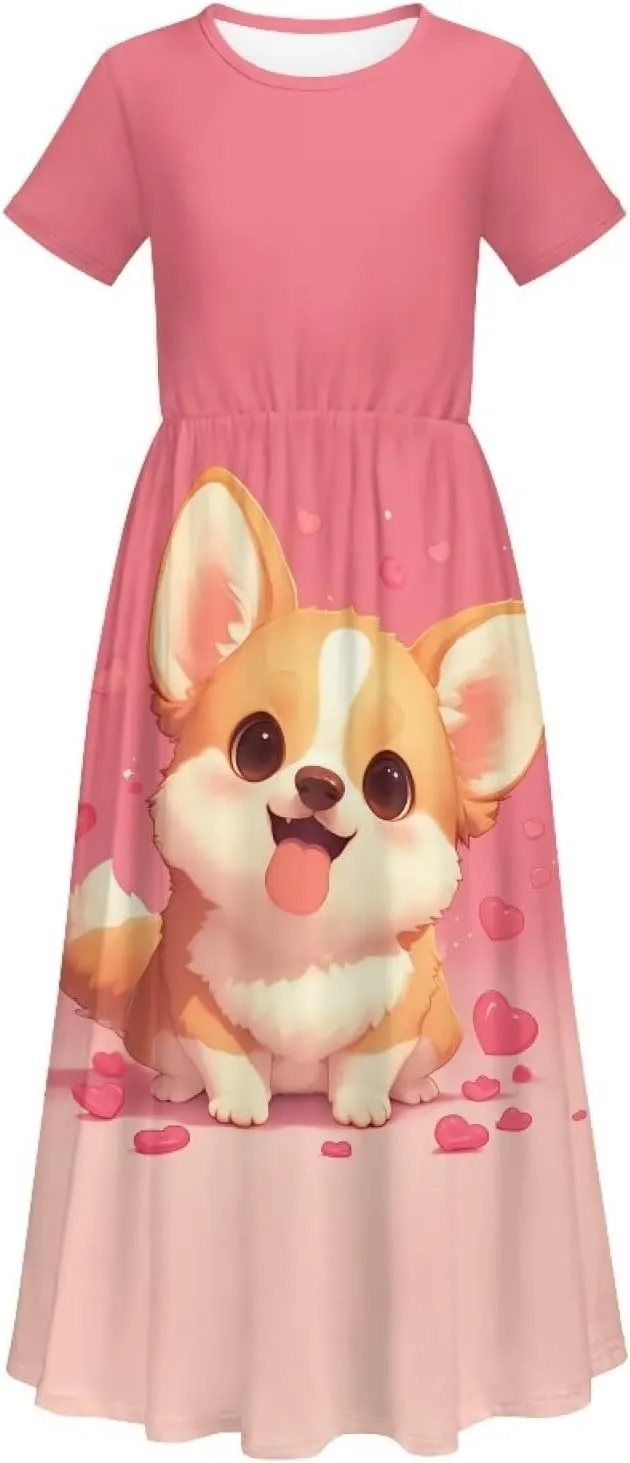 ZFRXIGN Short Sleeve Long Dress for Girls 5-14 Years Maxi Dresses with Pocket Sundress Summer Casual