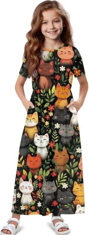 ZFRXIGN Short Sleeve Long Dress for Girls 5-14 Years Maxi Dresses with Pocket Sundress Summer Casual