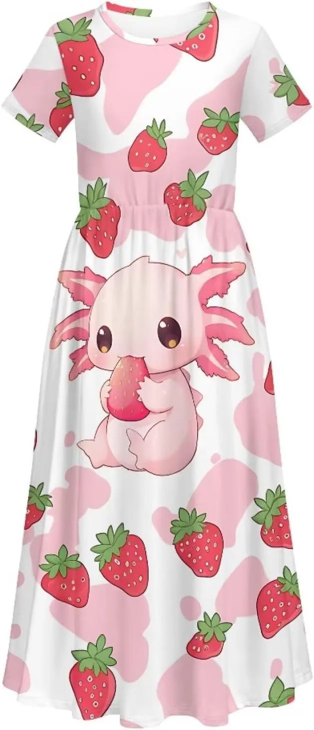 ZFRXIGN Short Sleeve Long Dress for Girls 5-14 Years Maxi Dresses with Pocket Sundress Summer Casual