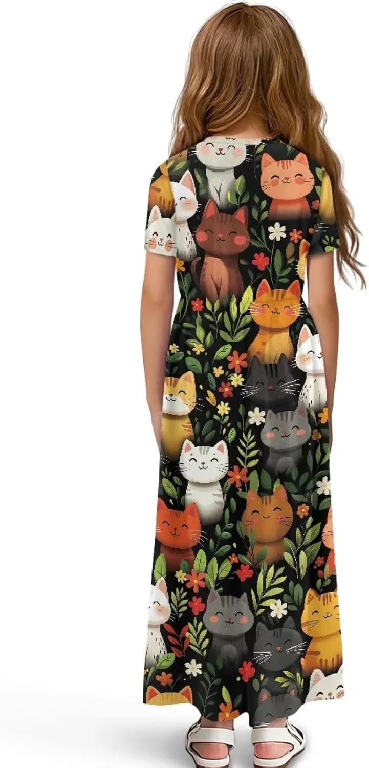 ZFRXIGN Short Sleeve Long Dress for Girls 5-14 Years Maxi Dresses with Pocket Sundress Summer Casual