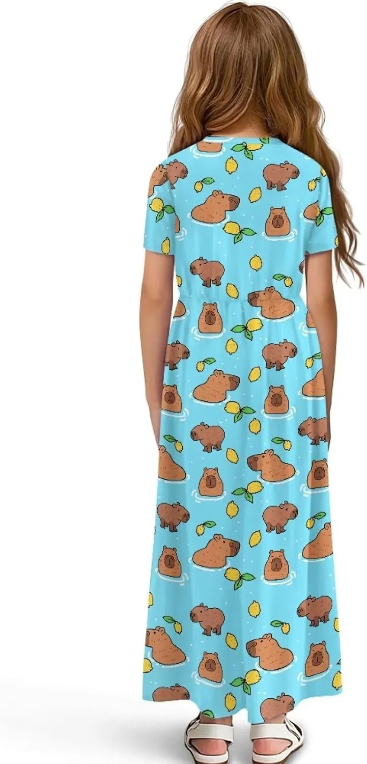 ZFRXIGN Short Sleeve Long Dress for Girls 5-14 Years Maxi Dresses with Pocket Sundress Summer Casual