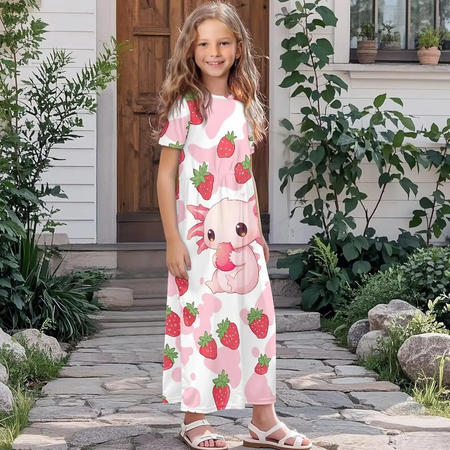 ZFRXIGN Short Sleeve Long Dress for Girls 5-14 Years Maxi Dresses with Pocket Sundress Summer Casual