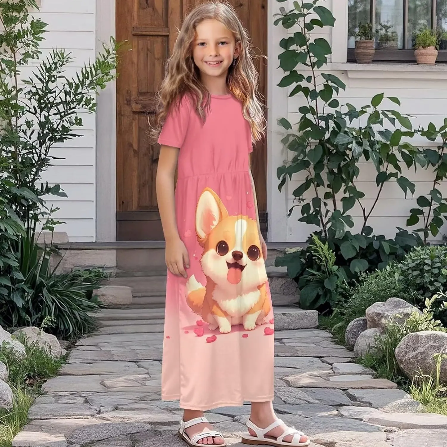 ZFRXIGN Short Sleeve Long Dress for Girls 5-14 Years Maxi Dresses with Pocket Sundress Summer Casual