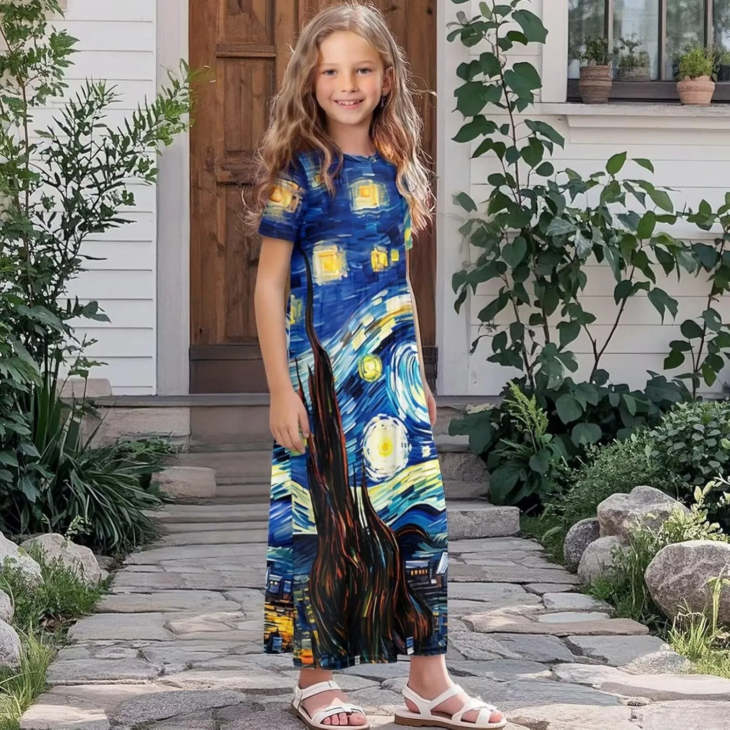 ZFRXIGN Short Sleeve Long Dress for Girls 5-14 Years Maxi Dresses with Pocket Sundress Summer Casual