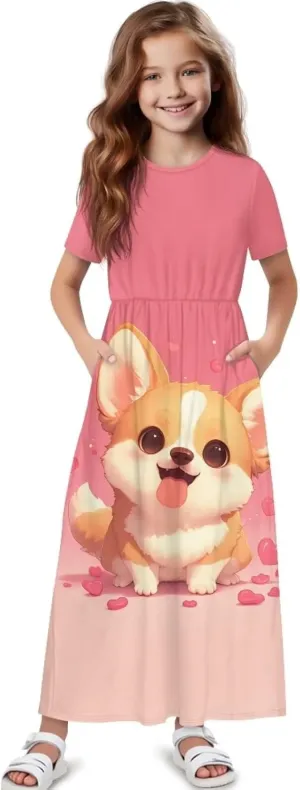 ZFRXIGN Short Sleeve Long Dress for Girls 5-14 Years Maxi Dresses with Pocket Sundress Summer Casual
