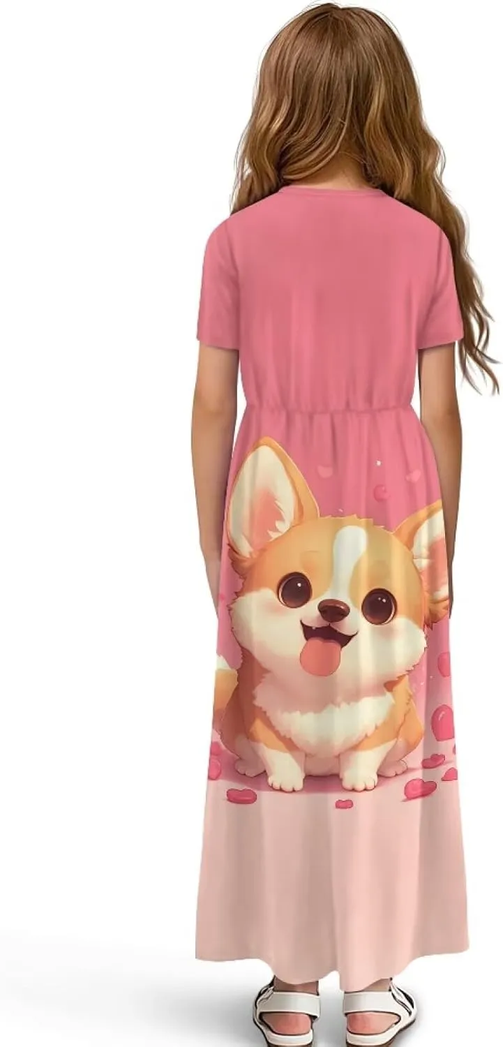 ZFRXIGN Short Sleeve Long Dress for Girls 5-14 Years Maxi Dresses with Pocket Sundress Summer Casual