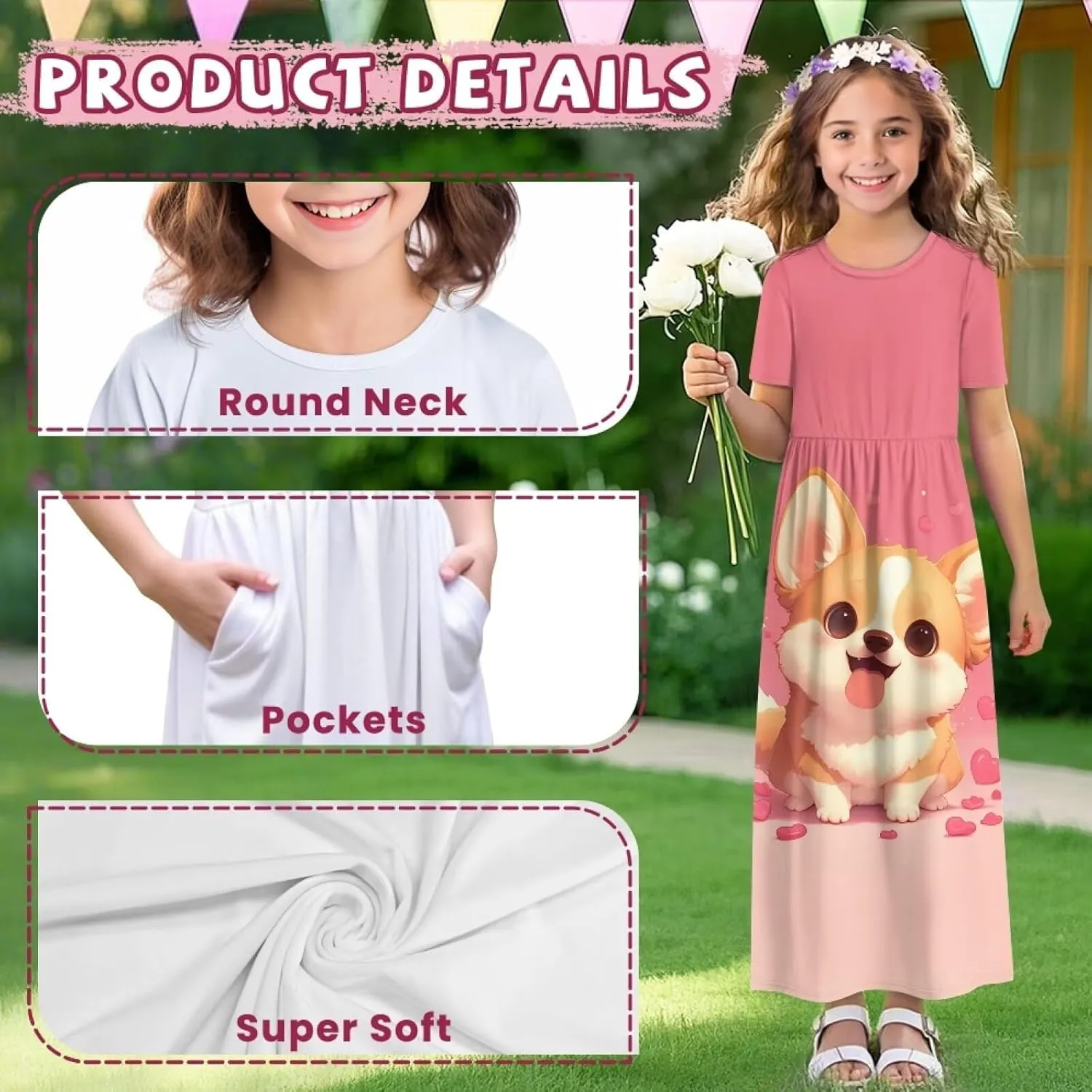 ZFRXIGN Short Sleeve Long Dress for Girls 5-14 Years Maxi Dresses with Pocket Sundress Summer Casual