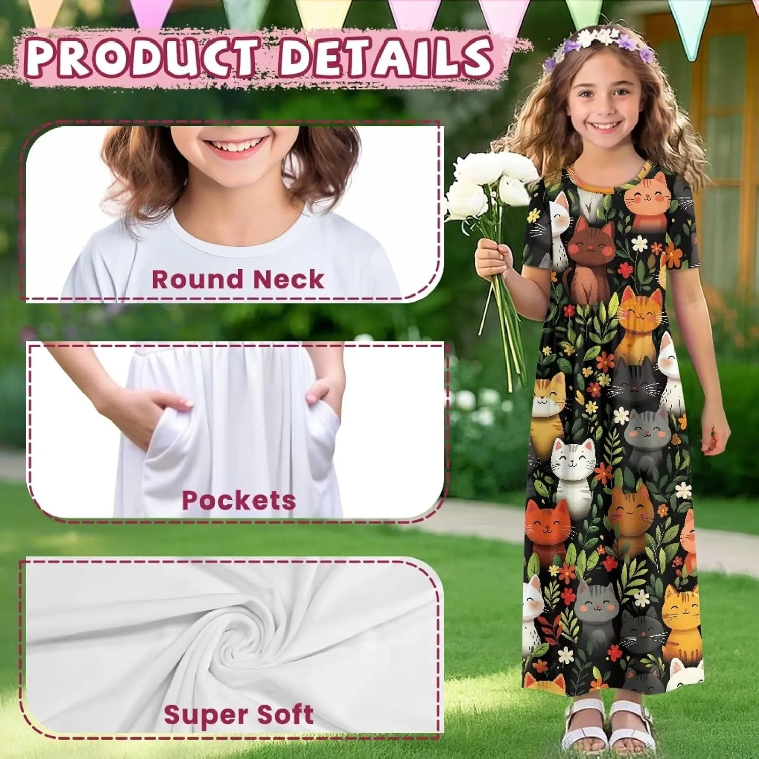 ZFRXIGN Short Sleeve Long Dress for Girls 5-14 Years Maxi Dresses with Pocket Sundress Summer Casual