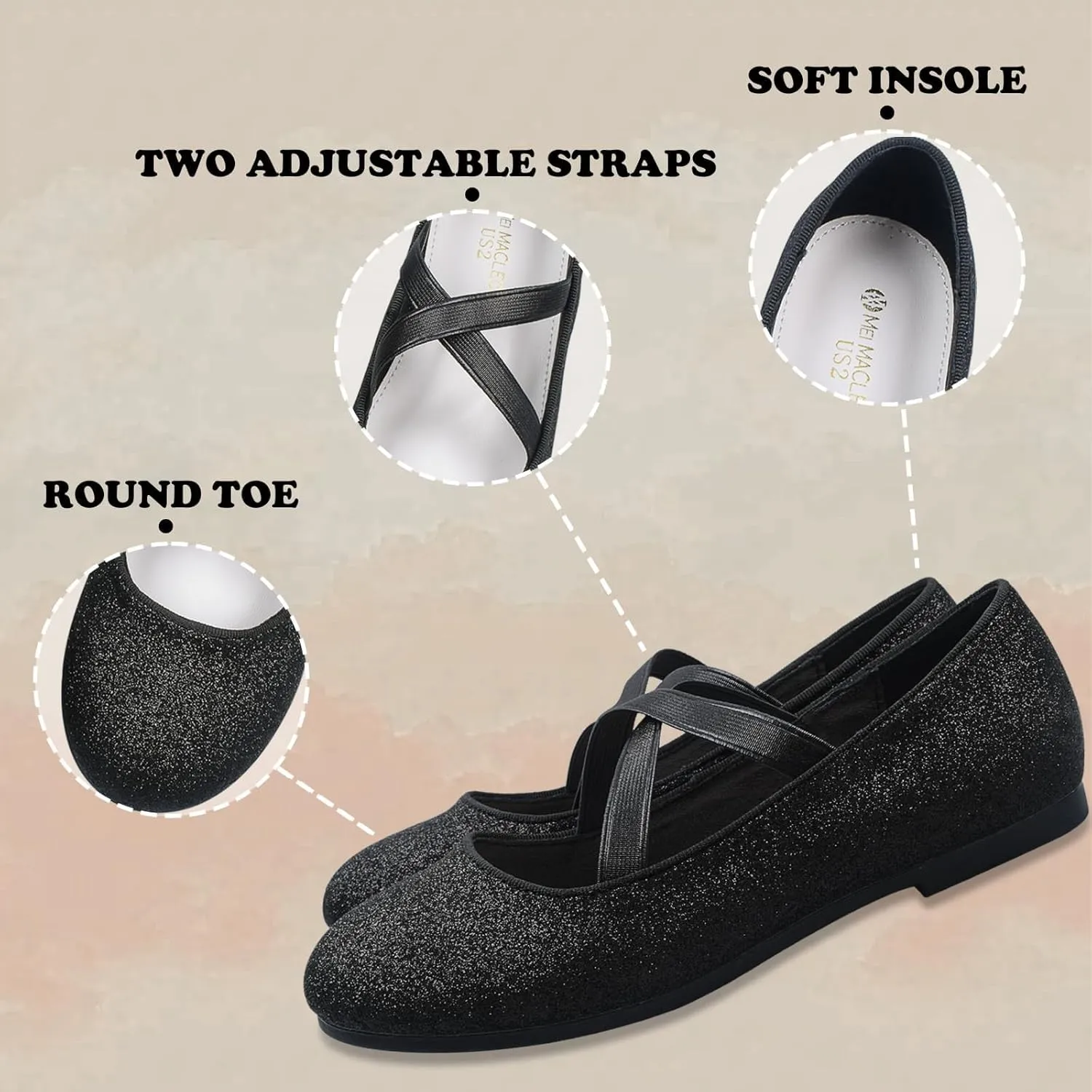 ZGDG Girls Flat Dress Shoes Ballet Shoes,Glitter Mary Jane Flats Wedding Party Ballerinas with Elastic Strap for Little/Big Kid