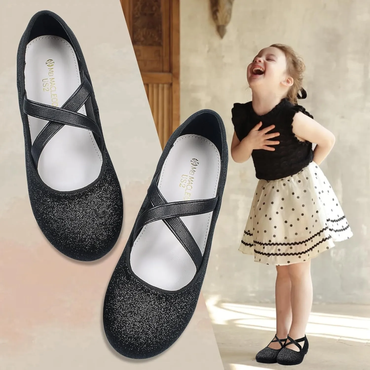 ZGDG Girls Flat Dress Shoes Ballet Shoes,Glitter Mary Jane Flats Wedding Party Ballerinas with Elastic Strap for Little/Big Kid