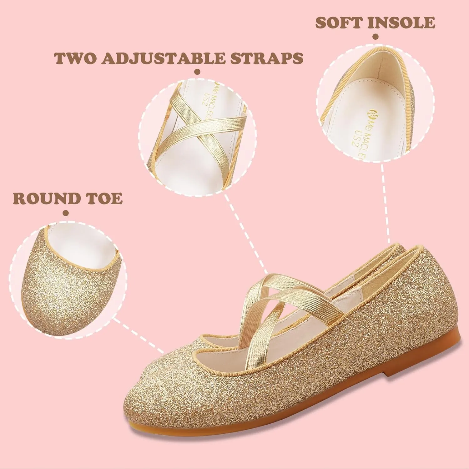 ZGDG Girls Flat Dress Shoes Ballet Shoes,Glitter Mary Jane Flats Wedding Party Ballerinas with Elastic Strap for Little/Big Kid